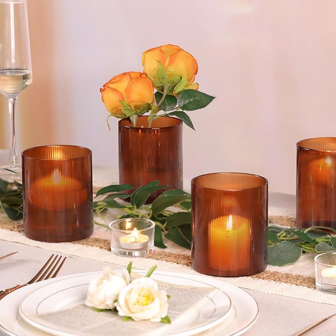 Amber Glass Cylinder Vases for Centerpieces, Set of 6 Small Vases for Flowers, Ribbed Flower Vases Fall Wedding Table Decor for Hurricane Floating Candle Holder, Bud Vases for Home Party Decor, 4"