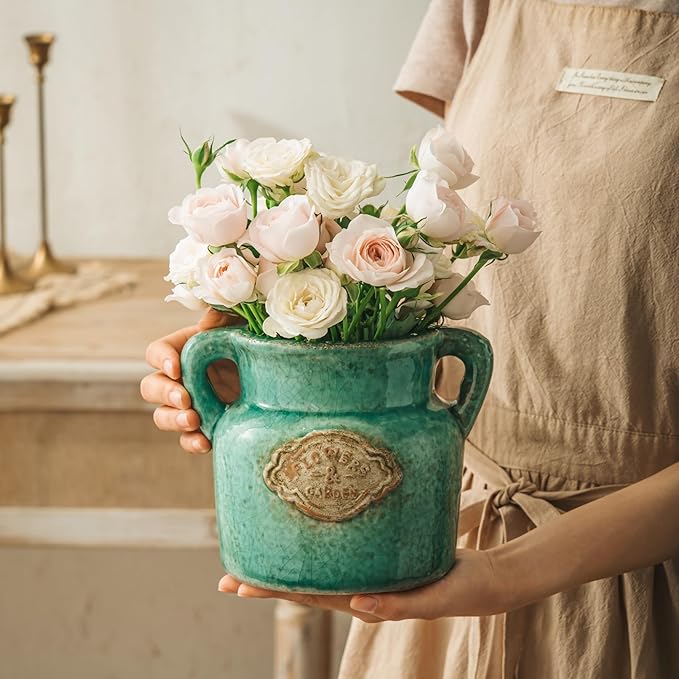 Green Rustic Ceramic Vase, 5.8 Inch Distressed Wide Mouth Vase with Ice Cracked Glazed, Farmhouse Vintage Flower Vases for Home Office Decor Living Room Bedroom Table Centerpiece Decorations