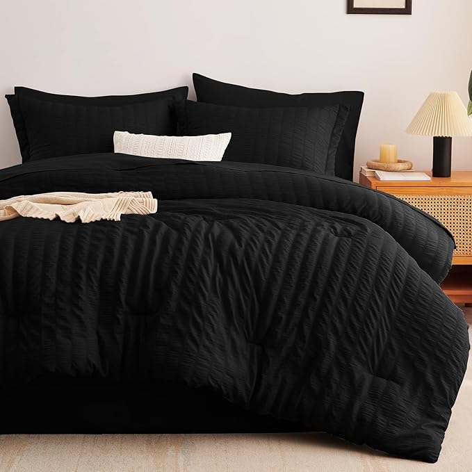 CozyLux King Size Comforter Set Black Seersucker 7 Pieces Bed in a Bag King Comforter Set with Sheets, Luxury Soft Bedding Set with Down Alternative Comforter, Sheets, Pillowcases & Shams All Seasons