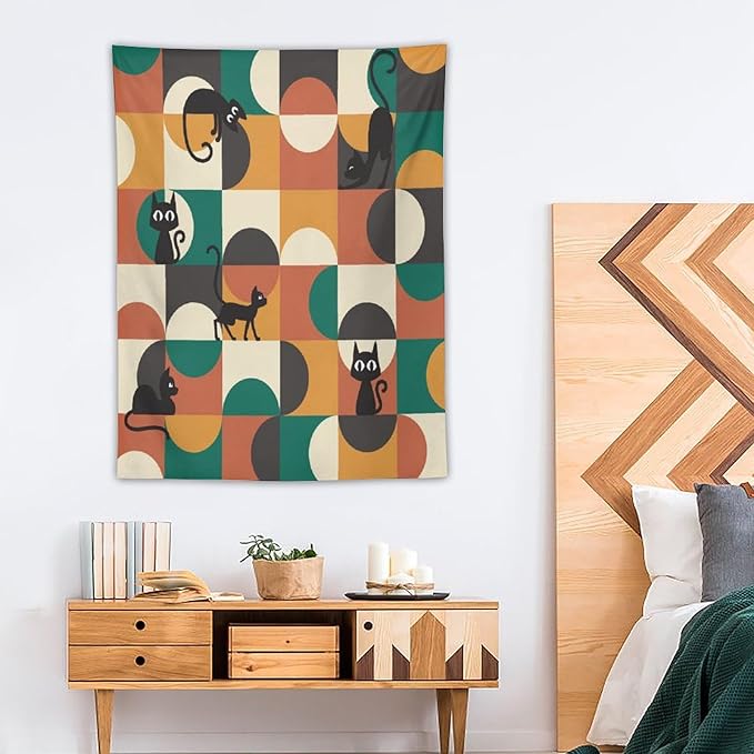 ICMOLYYENLO Boho Medieval Cat Tapestry, Abstract Atomic Starburst Geometric Aesthetic Art Wall Hanging For Bedroom Living Room Dormitory 50x60 Inches