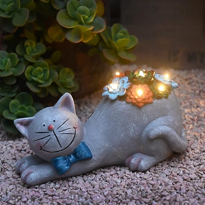 Cat Garden Figurines Outdoor Decor Solar Statue with Succulent and LED Lights for Patio Lawn Yard Art Decoration Housewarming Garden Gift