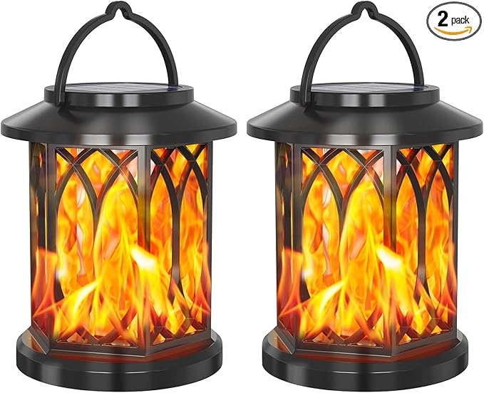 Solar Lanterns Outdoor, Flickering Flames Outdoor Solar Lights Hanging Lanterns Waterproof Decoration Lighting for Garden,Tree,Table (2 Pack)