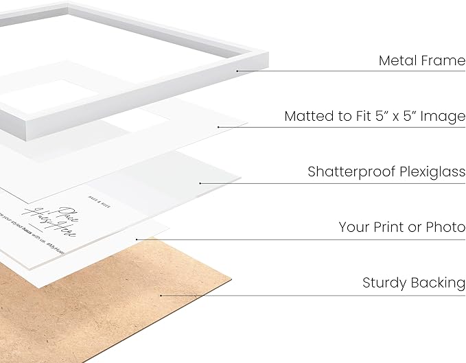 HAUS AND HUES 10x10 White Metal Picture Frames Matted to 5x5 - Features Premium Aluminum & Hanging Hardware, Shatterproof Plexiglass - Ideal for Home, Room, Office (10x10 in, White, Set of 3)
