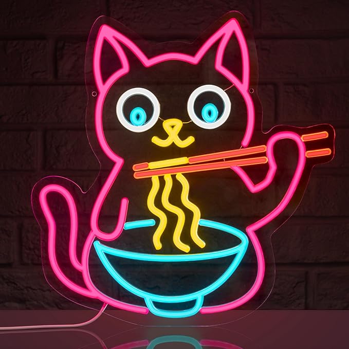 Ramen Cat Neon Sign for Wall Decor, Cute Cat Neon Sign Ramen LED Signs for Wall Art Decor Restaurant Home Bar Kitchen Dining Bedroom Art Decor Christmas Gifts