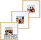 HAUS AND HUES Solid Oak Wood 10”x10” Picture Frames Matted to 5”x5” Set of 3 - Minimalist 10x10 Frame Set, 10x10 Picture Frames, 3 Picture Frame Set for Posters (Beige Oak Frames)