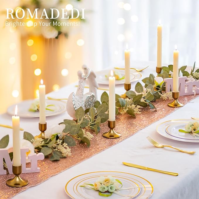 Gold Candlestick Candle Holders for Taper, 2 PCS Romadedi Gold Brass Color Candle Stick Candle Holder for Table Centerpiece, Wedding Reception, Festive Christmas Mantel Decoration or Home Decor