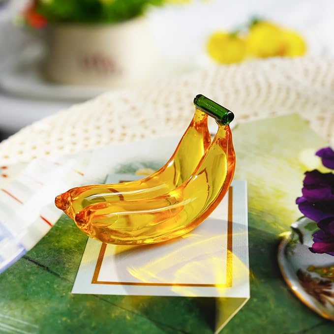 Handmade Glass Fruit Decor Crystal Banana Figurine Yellow Fruits Decoration for Home Kitchen Glass Banana Ornament Fall Harvest Thanksginging Centerpiece Decor for Home Office Desk