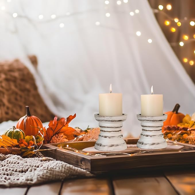Candle Holder for Pillar Candle Set of 2, Farmhouse Wood Candle Holder, Rustic Wooden Candle Stand, Vintage Small Wooden Candlestick Holders for Living Room, Table Centerpiece, Rustic White