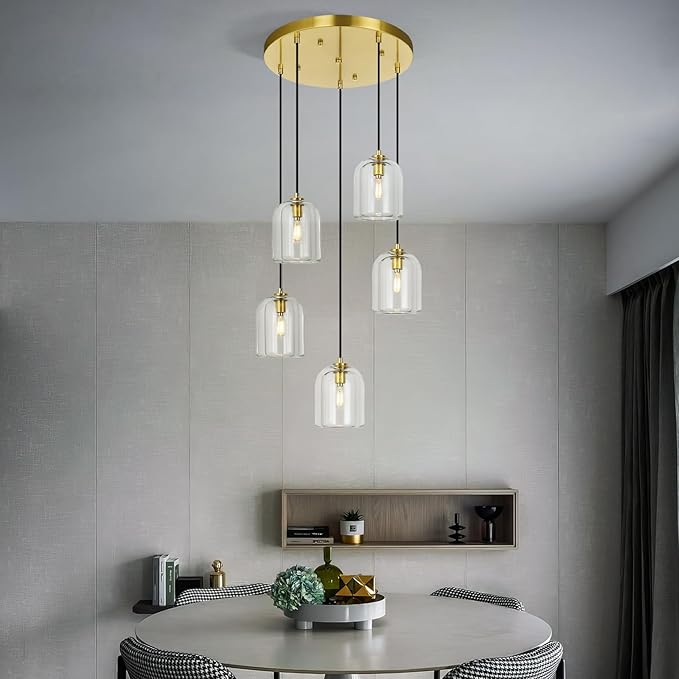 Modern Gold Pendant Lights Kitchen Island Ceiling Chandelier Indoor Crystal Hanging Light Fixtures for Dining Room Kitchen Living Room Bedroom（5Light）