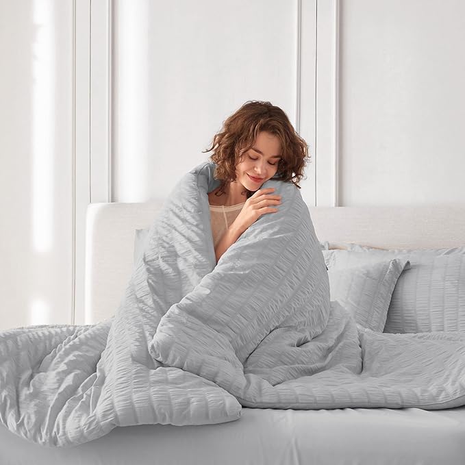 MUXHOMO 5 Pieces Twin XL Comforter Set, Seersucker Bed in a Bag Twin XL Size, All Season Luxury Bedding Set with Comforter, Flat Sheet, Fitted Sheet, Pillowcase & Sham, Light Grey