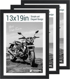 13x19 Picture Frame 3 pk, Textured Black Solid Wood Poster Frame, HD Tempered Glass, Wall Gallery Frame