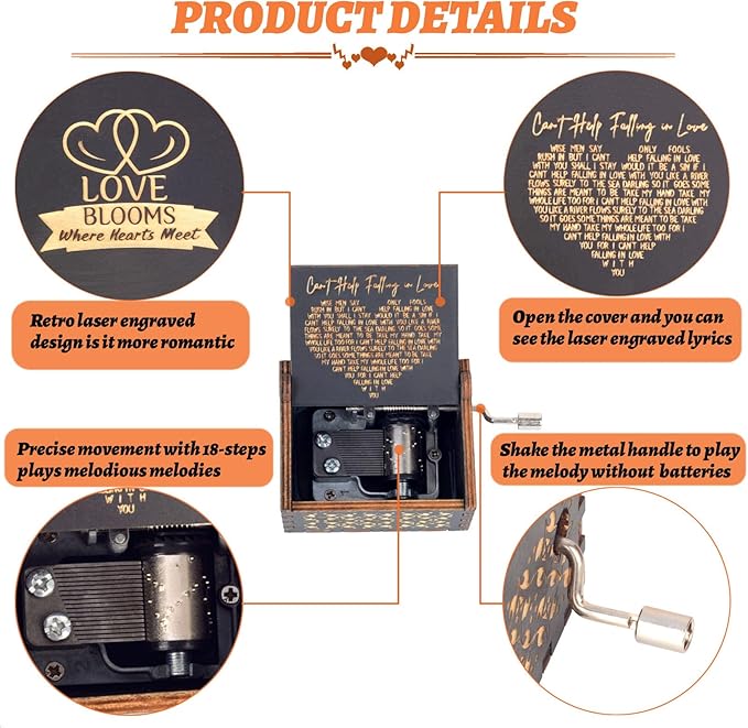 Antique Style Laser Engraved I Can't Help to Falling in Love with You Hand Cranked for Her - Musical Box, Elegant Romantic Gift for Wedding, Anniversary, Birthday (Women, Her)