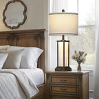 27" Tall Vintage Table Lamp with USB C+A & Outlet,Bronze Industrial End Table Lamp for Living Room,Farmhouse Rustic Bedside Lamp with Frosted Glass Night Light for Bedroom Nightstand,Bronze-1P