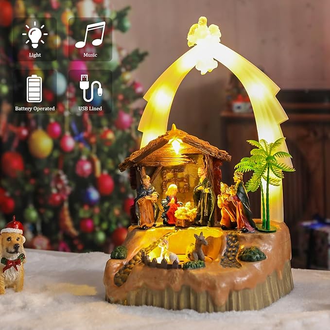 VCUTEKA Christmas Village Houses, Nativity Scene with Crystal Angel and Rotating Sheep Lighted Musical Christmas Village Collectible Building for Xmas Indoor Decorations or Holiday Table Displays