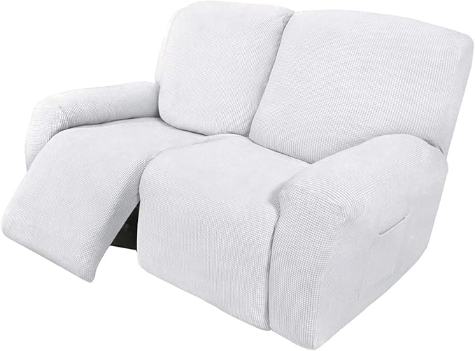 Easy-Going 6 Pieces Recliner Loveseat Stretch Sofa Slipcover Sofa Cover Furniture Protector Couch Soft with Elastic Bottom Kids, Spandex Jacquard Fabric Small Checks Snow White