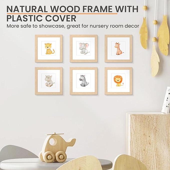 upsimples 6x6 Picture Frame, Natural Solid Wooden Picture Frames, Display 4x4 with Mat or 6 x 6 Without Mat, Wall or Tabletop, 1 Pack, Natural