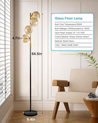 Lightdot 64IN Dimmable Floor Lamp with Glass Globe Shade, Modern Gold &Black Standing Lamps with 4PCS 3000K G9 Bulbs Soft Warm White Eye Care, Mid Century Floor Lamp for Living Room Bedroom