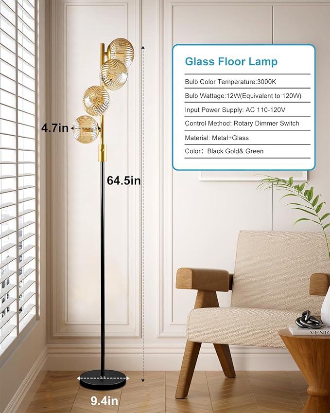 Lightdot 64IN Dimmable Floor Lamp with Glass Globe Shade, Modern Gold &Black Standing Lamps with 4PCS 3000K G9 Bulbs Soft Warm White Eye Care, Mid Century Floor Lamp for Living Room Bedroom