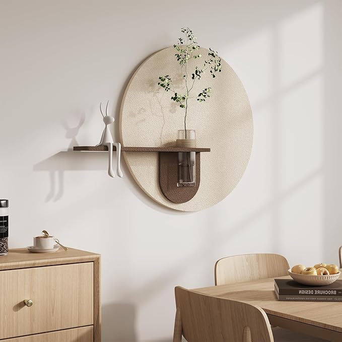 3D Textured Round Minimalist Wall Art with Vase, Neutral Wall Decor with Rabbit Sculpture, Abstract Geometric Artwork with Simulated Plants for Living Room Hallway Dining Room Bedroom Office, 31x24 In