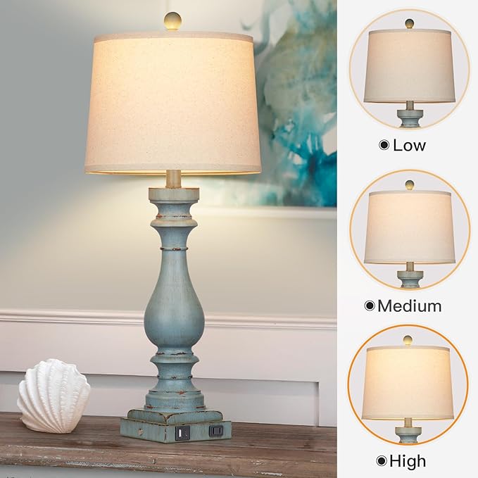 27.5" Tall Coastal Lamp,Retro-Blue Vintage Bedside Nightstand Lamps with USB Charging Ports A/C,3-Way Dimmable Touch Control Table Lamps for Bedroom Living Room,Single Blue