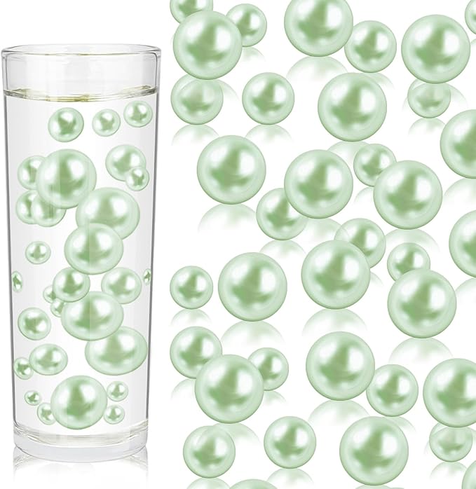 200PCS Light Green Faux Pearls Beads for Centerpiece Vases, Vase Filler Faux Pearls, No Holes Filler Beads for Party Anniversary Birthday Wedding Table Decor, 10/14/20/30mm