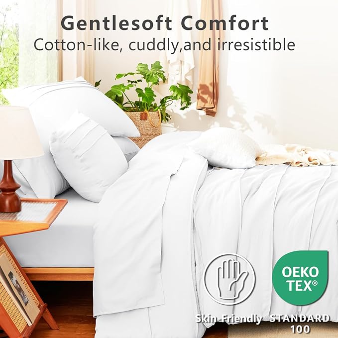 CozyLux Queen Comforter Set White, 7 Pieces Soft Pinch Pleat Bed in a Bag Queen Comforter Set with Sheets, Boho Bed Set with Down Alternative Comforter, Sheets, Pillowcases & Shams
