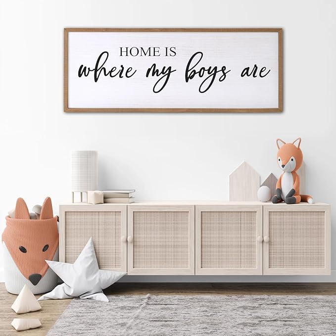 Home is Where My Boys are Sign Framed Wall Art, 32''×12'' Rustic Horizontal My Son Plaque with Natural Frame for Baby Kid Boy Son Teen Toddlers Room, Horizontal Mom of Boys Gifts Nursery Decor