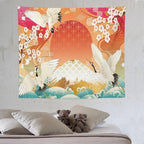 HZOHNAGO Japanese Tapestry Cherry Blossom Crane Sea Wave Fuji Mountain Red Sun Pattern Printed Wall Tapestry Painting Wall Hanging for Bedroom Living Room Dorm 60" W x 50" H