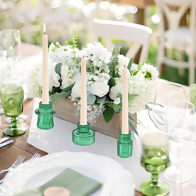 Double Sided Vintage Ribbed Taper Glass Candle Holders,Tea Candle Holder for Table Centerpieces, Wedding Decorations and Dinner Parties (Green, 3 PCS)