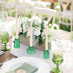 Double Sided Vintage Ribbed Taper Glass Candle Holders,Tea Candle Holder for Table Centerpieces, Wedding Decorations and Dinner Parties (Green, 3 PCS)