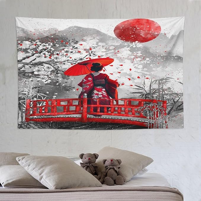 Japanese Red Geisha Tapestry Asian Cherry Blossom Red Sun Traditional Kimono Folk Tapestries Home Decor for Living Room Bedroom Apartment Farmhouse Dorm 90"x60"