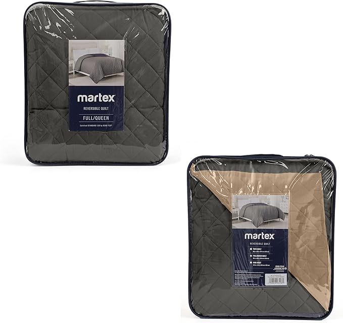 Martex Reversible Coverlet – Twin Bed Quilt – Lightweight Twin Size Bedding – Durable Quilts for Bed – Soft - Easy Care Bedding – Graphite/Khaki