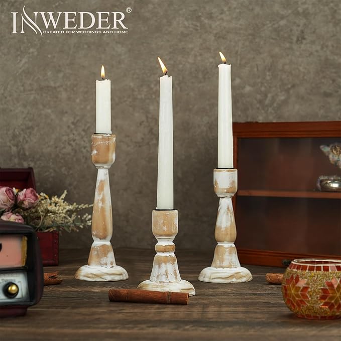 Wooden Taper Candle Holders: Wood Candlestick Holders Rustic Farmhouse Fall Decor for Living Room Dinning Table Centerpiece Christmas Set of 3