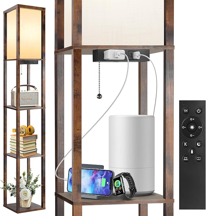 OUTON Floor Lamp with Shelves, Dimmable Shelf Floor Lamp with Remote, 1USB & 1 Type C Ports, 1 Power Outlet, Modern Standing Lamp with 4 Color Temperature for Living Room, Bedroom, Vintage