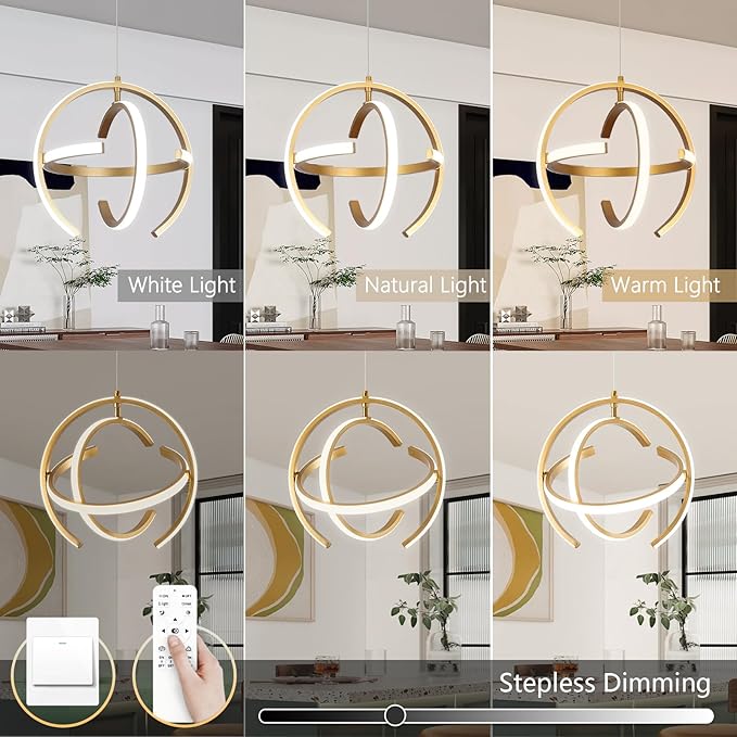 Modern Gold Dimmable LED Chandelier, 13 Inch Brushed Metal Globe Pendant Lights, Hanging Ceiling Light Fixture for Kitchen Island Living Room Room Dining Bedroom Hallway Entryway Foyer (3-Pack)