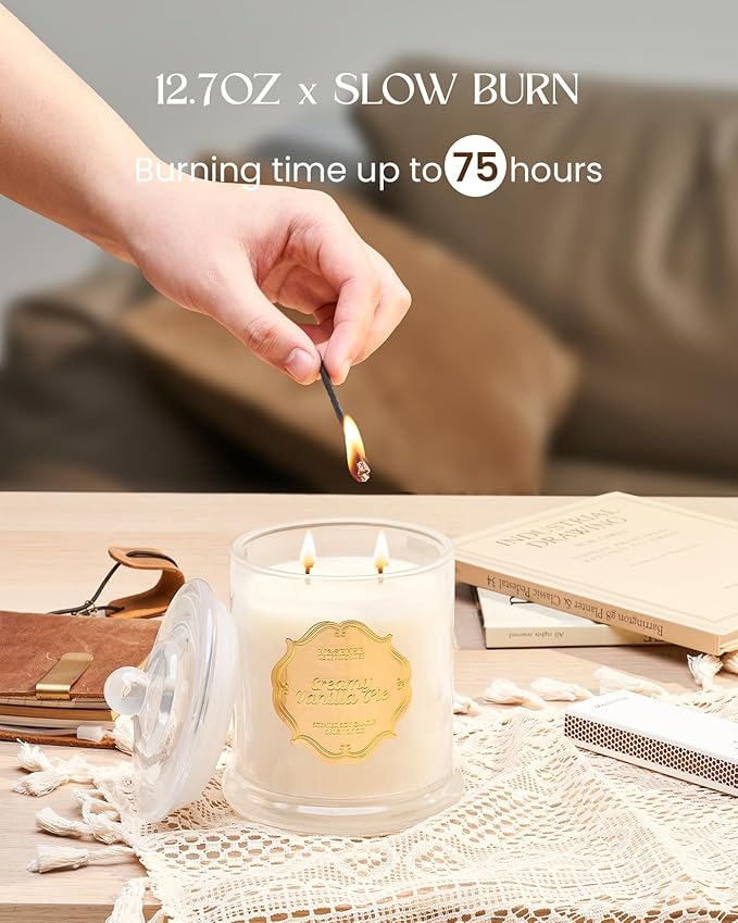 M&SENSE Vanilla Candles for Home Scented, Organic Soy Candles Non Toxic Soot-Free, 12.7oz Large Jar Candle 75 Hours Long Lasting Slow Burning, Strong Scented Housewarming Candle Gift