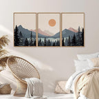 Tinonedraw Boho Mountain Framed Canvas Wall Art Set of 3, Watercolor Nature Landscape Art Prints, Modern Sunrise Art Paintings, Black Pines Tree Forest Wall Decor for Living Room Bedroom Office 16"x24"x3