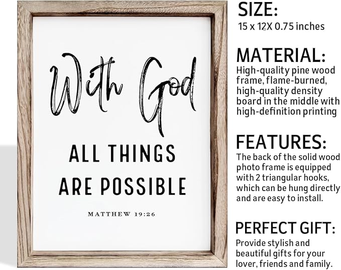 Christian Wooden Wall Signs, Religious Home Decor, Farmhouse Decor for Home Office, Christian Gift, Hanging Framed Wall Plaque 15 * 11.5 inches, With God All Things are Possible Sign