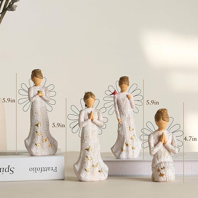 4 Piece Set Sympathy Angel Figurines for Loss of Loved Ones Angel Statues Home Decor Serenity Prayer Grieving Remembrance Bereavement Gifts for Women Resin Sculpted Hand-Painted Figure Prayer Hands