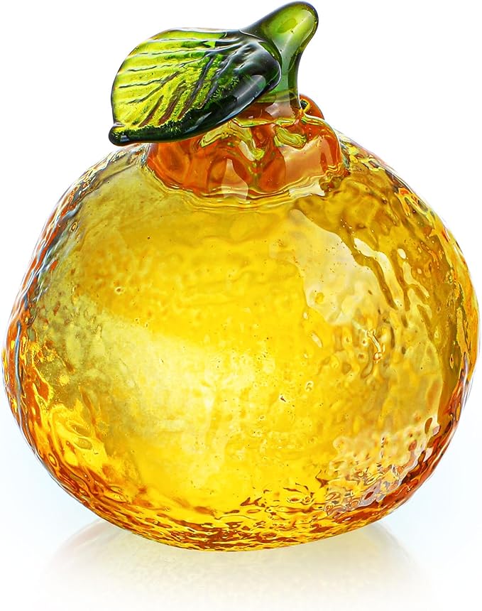 Glass Orange Figurine Crystal Fruit Collectibles Hand Blown Glass Fruits Tangerine Decoration Art Ornament for Home Office Kitchen Decor Gift for Women