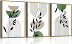 Bwodke Boho Wall Art, Framed Abstract Wall Art, Line Plants Leaf Canvas Wall Decor, Mid Century Sage Green Geometric Pictures Set of 3, Minimalist Paintings, for Bedroom Living Room Bathroom 12"x16"