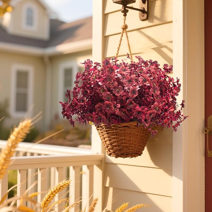 16 Bundles Artificial Boxwood Flowers Outdoor UV Resistant, 13.5" Fall Faux Greenery for Porch Planters Thanksgiving Decor - Fake Plants for Garden, Fireplace, Front Door(Wine Red)