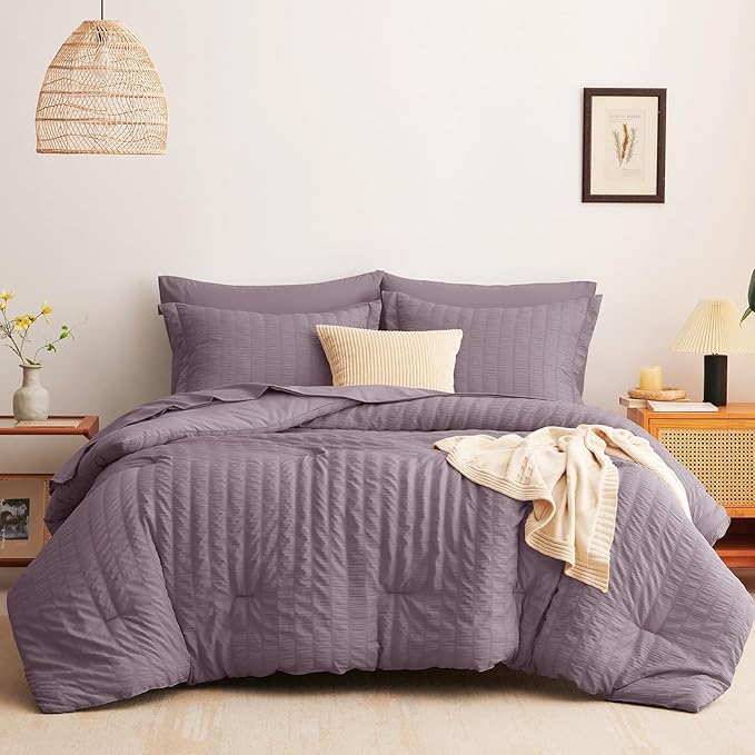 CozyLux King Size Comforter Set Dusty Purple Seersucker 7 Pieces Bed in a Bag King Comforter Set with Sheets, Luxury Bedding Set with Down Alternative Comforter, Sheets, Pillowcases & Shams All Season