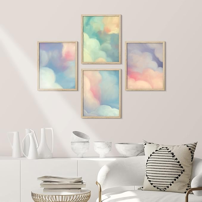SIGNWIN Framed White Pastel Watercolor Rainbow Sky Clouds Wall Art, Set of 4 Abstract Geometric Wall Decor Prints, Nature Wilderness Wall D¨¦cor for Living Room, Bedroom - 12"x16" Natural