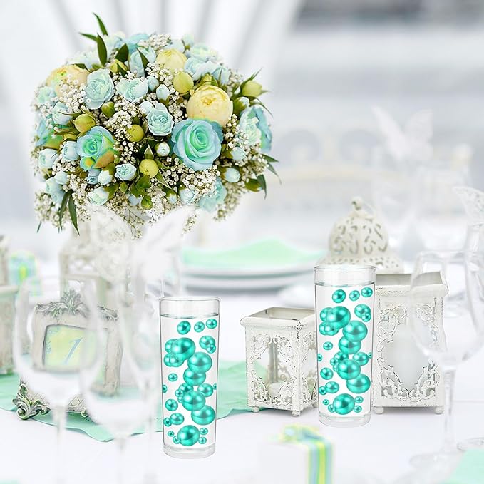 100PCS Lake Green Faux Pearls Beads for Centerpiece Vases, Vase Filler Faux Pearls, No Holes Filler Beads for Party Anniversary Birthday Wedding Table Decor, 14/20/30mm