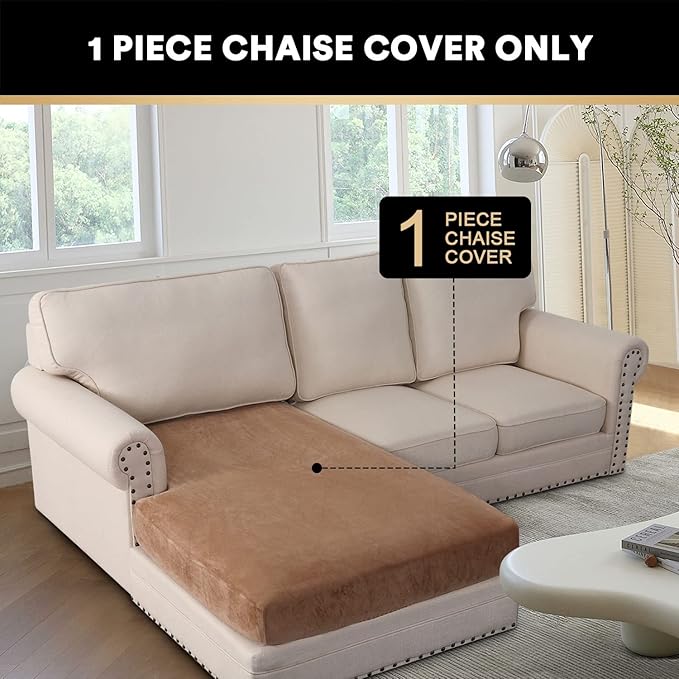 PrinceDeco Sectional Couch Covers Velvet Couch Cover for Dogs Washable L Shaped Couch Cover 1 Piece Individual Sectional Couch Covers with Elastic Bottom(Chaise Lounge,Camel)