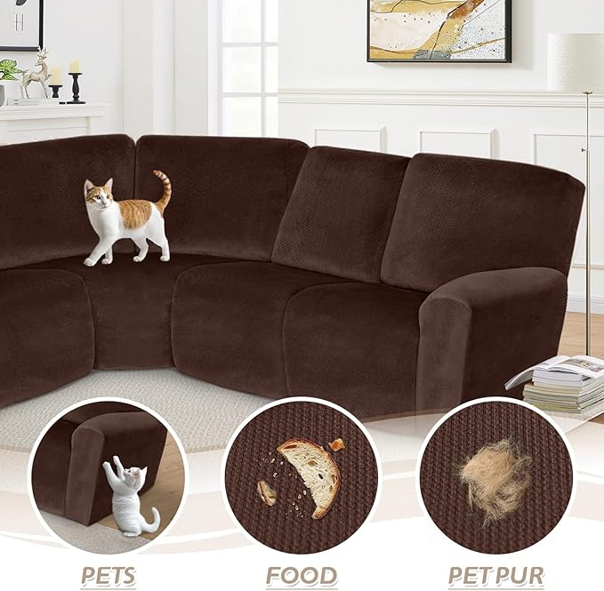 Arfntevss Sectional Recliner Couch Covers Velvet Corner Sectional Sofa Cover for Reclining Couch Stretch Soft L Shape Recliner Slipcover Thick U Shaped Washable Protector (5 Seat Cover, Dark Brown)