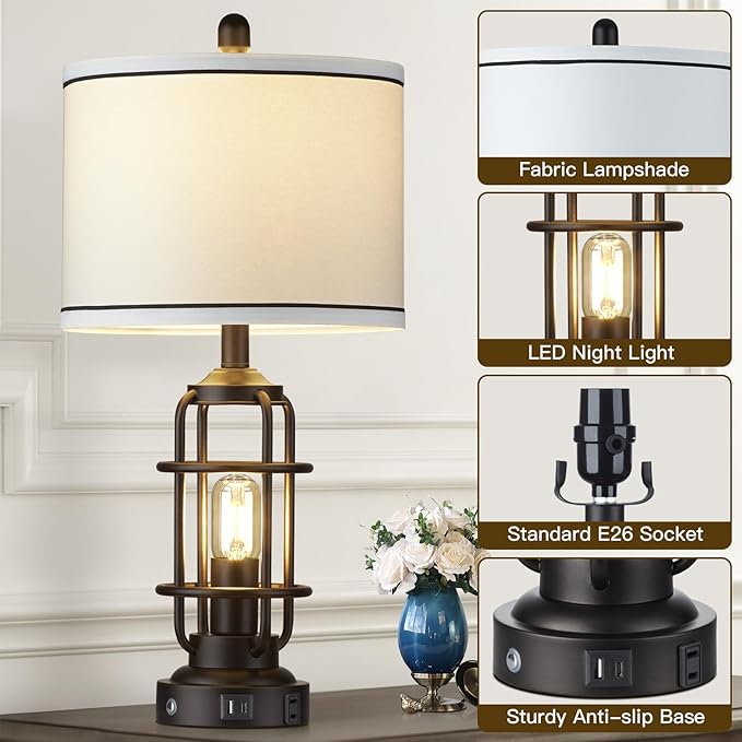 26" Modern Lamp for Living Room, Industrial 3-Way Dimmable Beside Table Lamp with USB A+C Charging Ports & AC Outlet, Touch Control Beside Lamp LED Night Light for Bedroom Single(2 Bulbs Included)