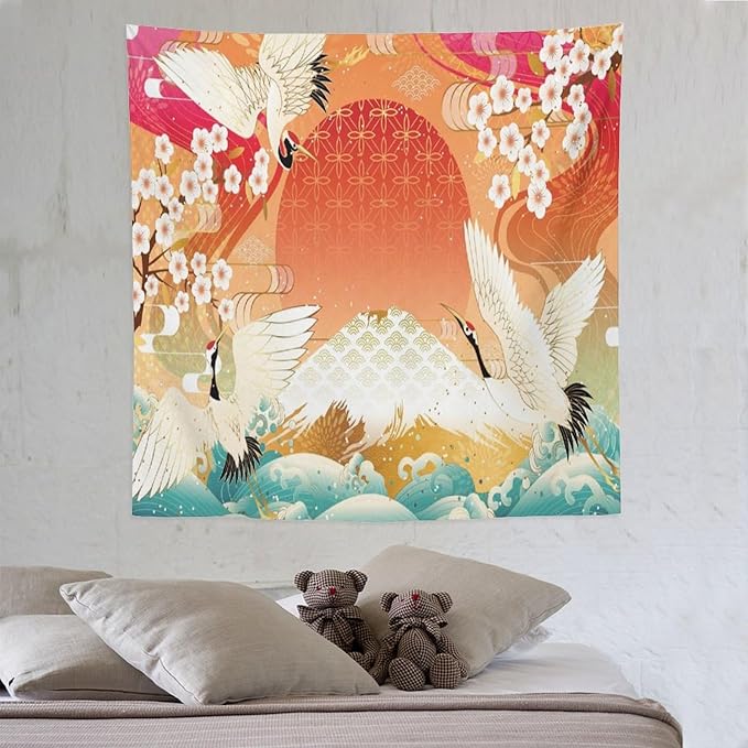 HZOHNAGO Japanese Tapestry Cherry Blossom Crane Sea Wave Fuji Mountain Red Sun Pattern Printed Wall Tapestry Painting Wall Hanging for Bedroom Living Room Dorm 60" W x 60" H