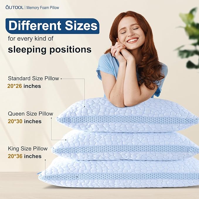 QUTOOL Enhanced Cooling Pillows for Sleeping, Shredded Memory Foam Pillows 2 Pack, Bed Pillows Queen Size Set of 2, Support Yet Soft Pillow for Side, Back Sleepers